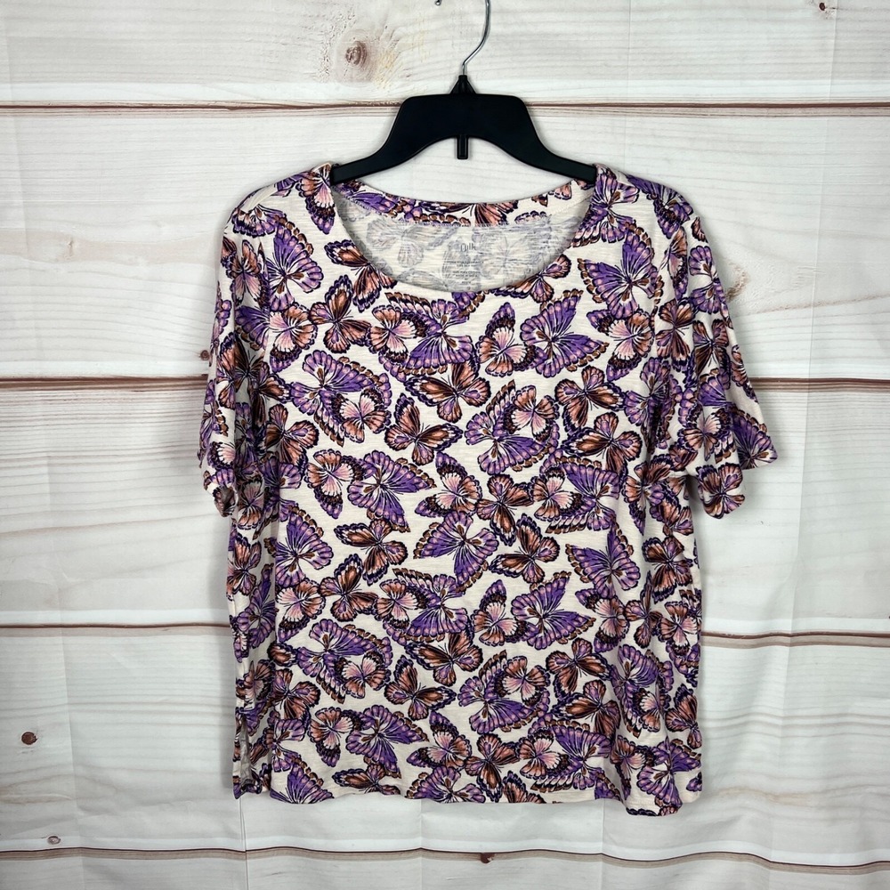 J Jill Top Womens PXL Purple Butterfly T-Shirt Pima Cotton Slub Knit‎ Scoop Neck